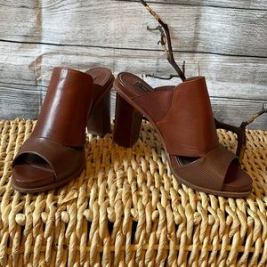 Brown Leather Platform Mules with Elastic Gusset